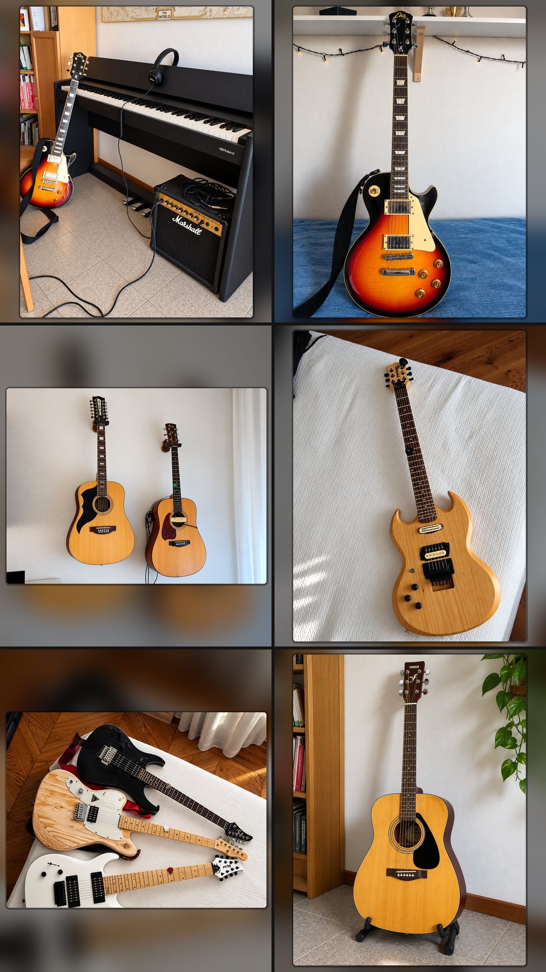 Collage of our instruments: a sunburst electric guitar next to a Roland digital piano and a Marshall amplifier, a 12-string and a six-string acoustic guitar on the wall, a natural-finish SG-style guitar, three electric guitars lying together, and a Yamaha acoustic guitar on a stand