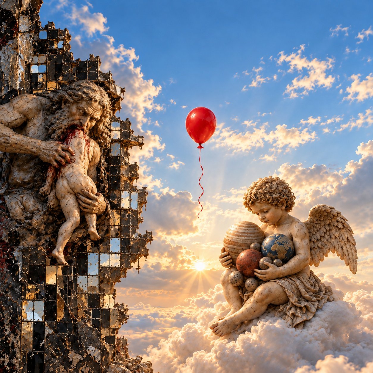 Artwork for Stop the Race: a stone Saturn devouring his son on a tower of black and mirrored tiles, a winged child on a cloud holding planets, and a red balloon rising between them at sunset